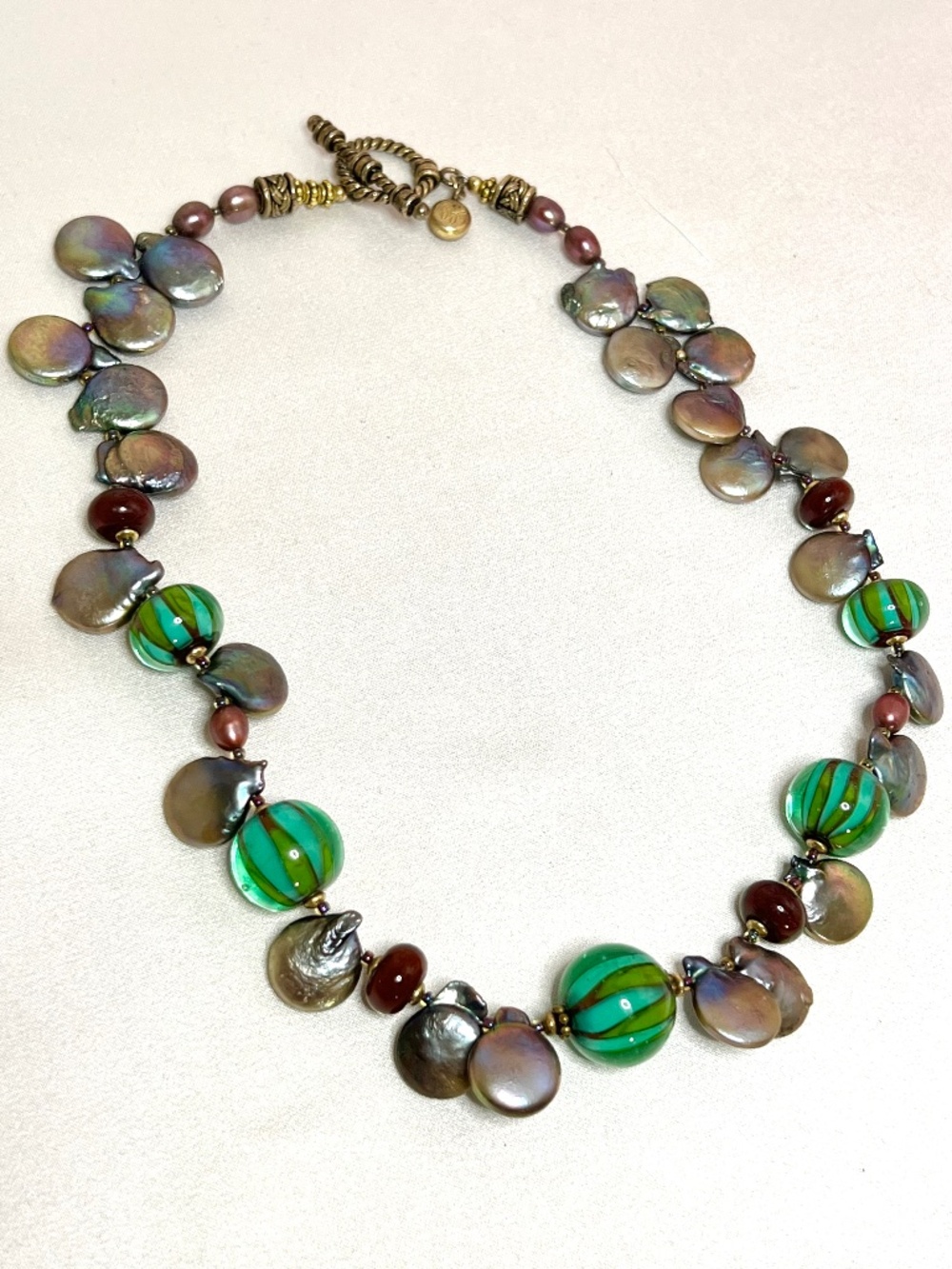 Artisan Studio Signed Glass & Iridescent Peacock Coin Pearl Statement Necklace